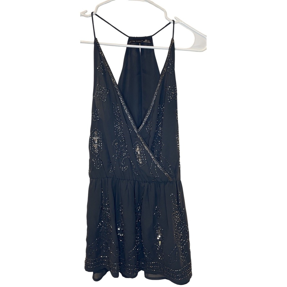 Black Tape Black‎ Beaded Sequin Sleveless Deep V Tank Top Black Party Top Siz L